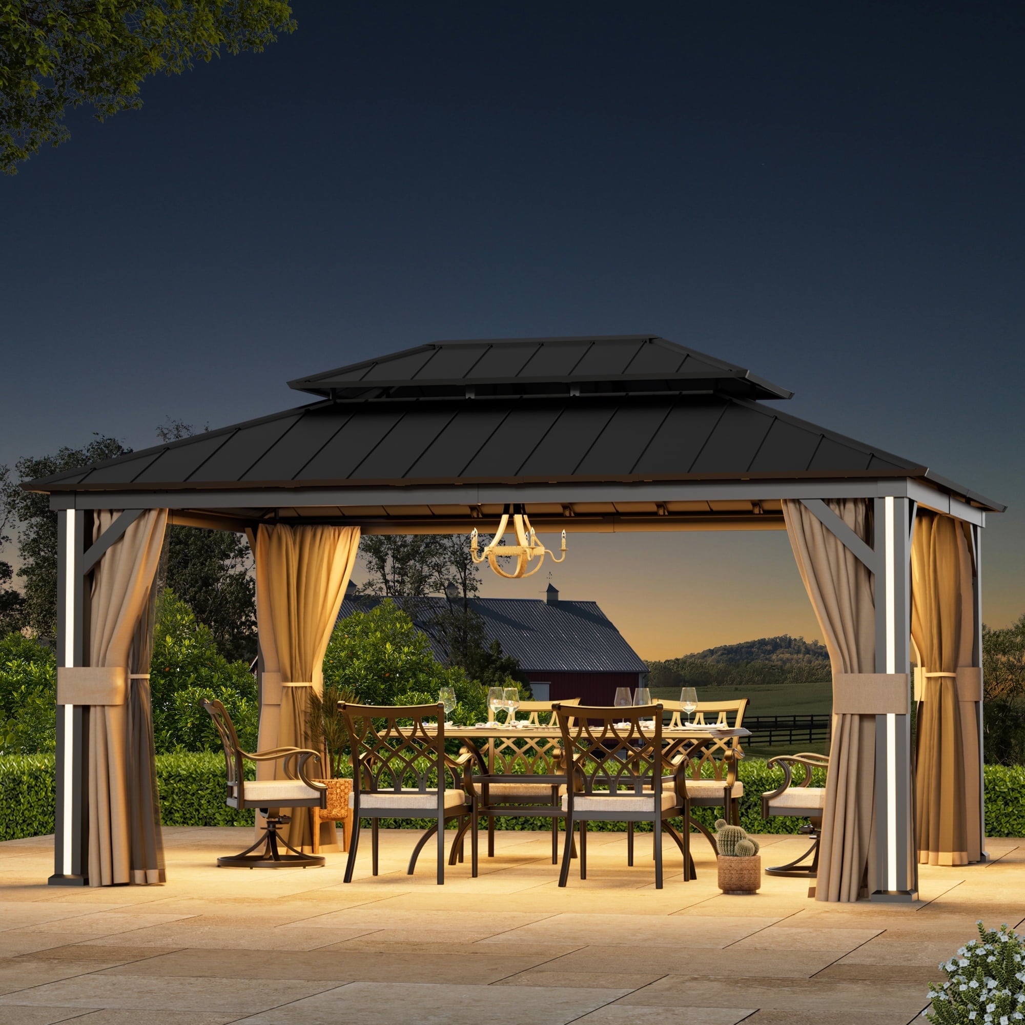 FONA 12'x16' Permanent Hardtop Gazebo,Aluminum Frame & Double Roof,LED Lights,Black