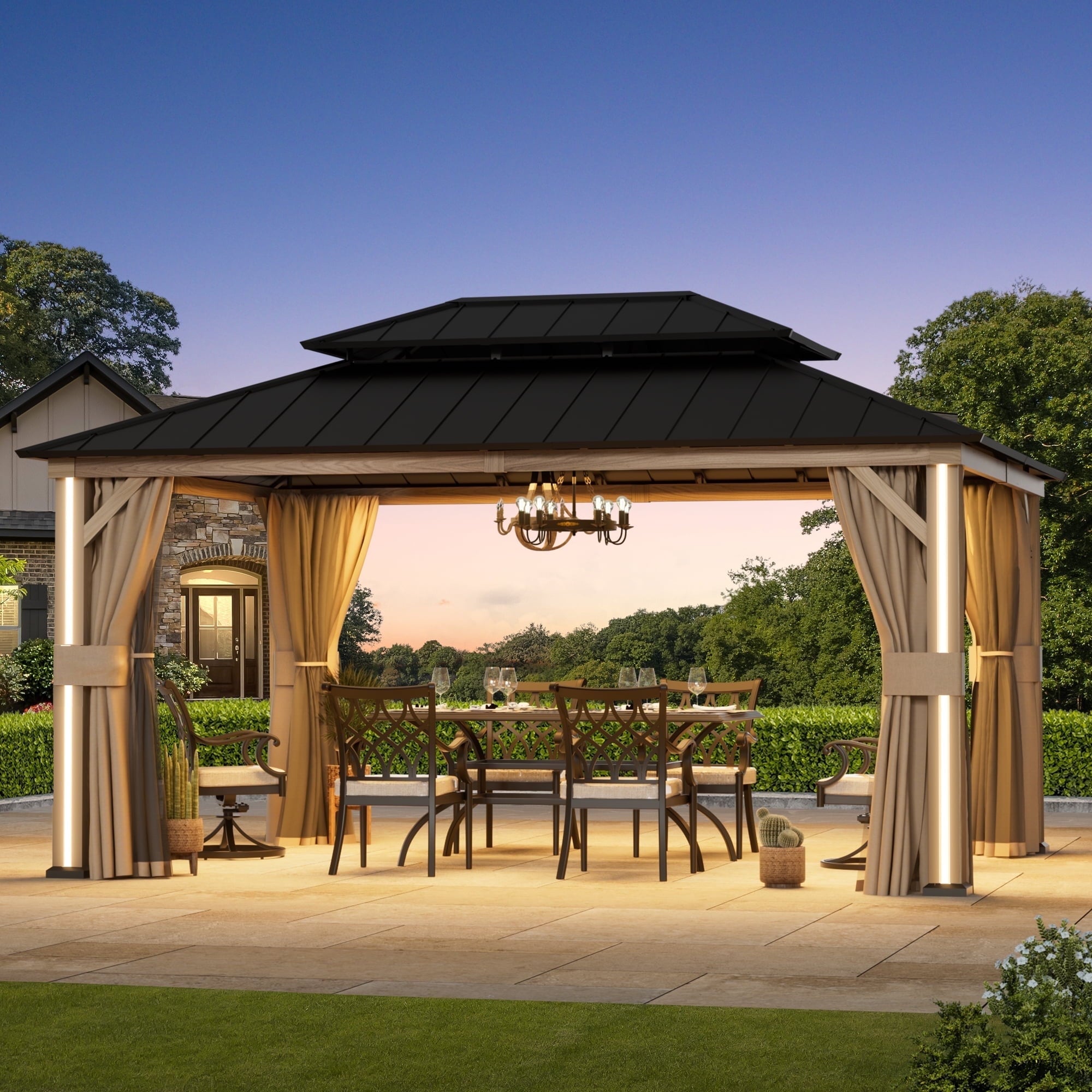 FONA 12'x16' Permanent Hardtop Gazebo,Aluminum Frame & Double Roof,LED Lights,Brown