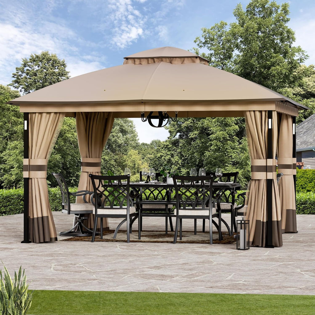 FONA Patio Gazebo 11'x13' with LED Lights & Bluetooth Speaker, Heavy Duty Outdoor Canopy Shelter with Metal Frame, Double Roofs, Soft-top Gazebo with Netting and Curtains for Backyard