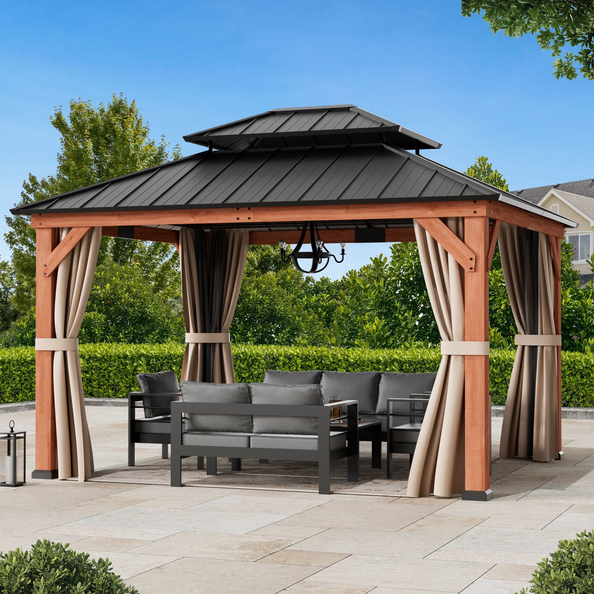 FONA Rosewood 10' x 12' Cedar Gazebo with Double Steel Roof, Mosquito Netting, Curtains & Sturdy Hooks for Backyard, Patio