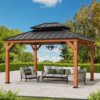 FONA Rosewood Wood Gazebo 10' x 12', Cedar Framed Grill Gazebo with Double Galvanized Steel Roof, Permanent Hardtop Pavilion with Sturdy Hooks for Garden, Backyard, Patio, and Deck