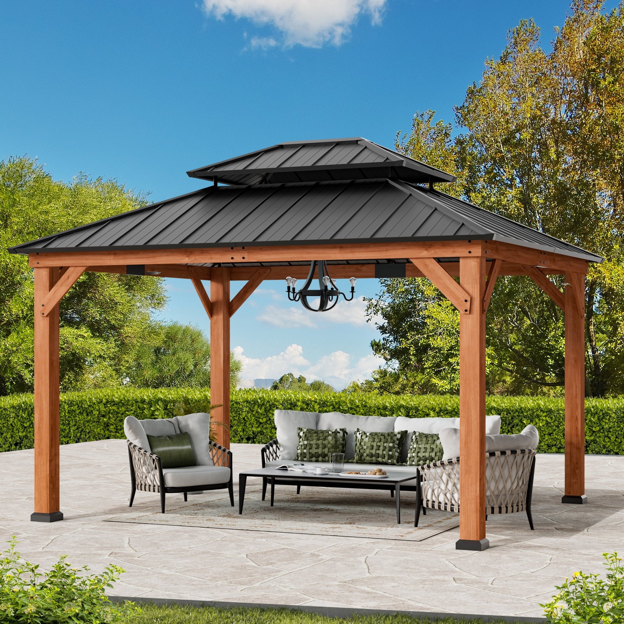 FONA Rosewood Wood Gazebo 10' x 12', Cedar Framed Grill Gazebo with Double Galvanized Steel Roof, Permanent Hardtop Pavilion with Sturdy Hooks for Garden, Backyard, Patio, and Deck