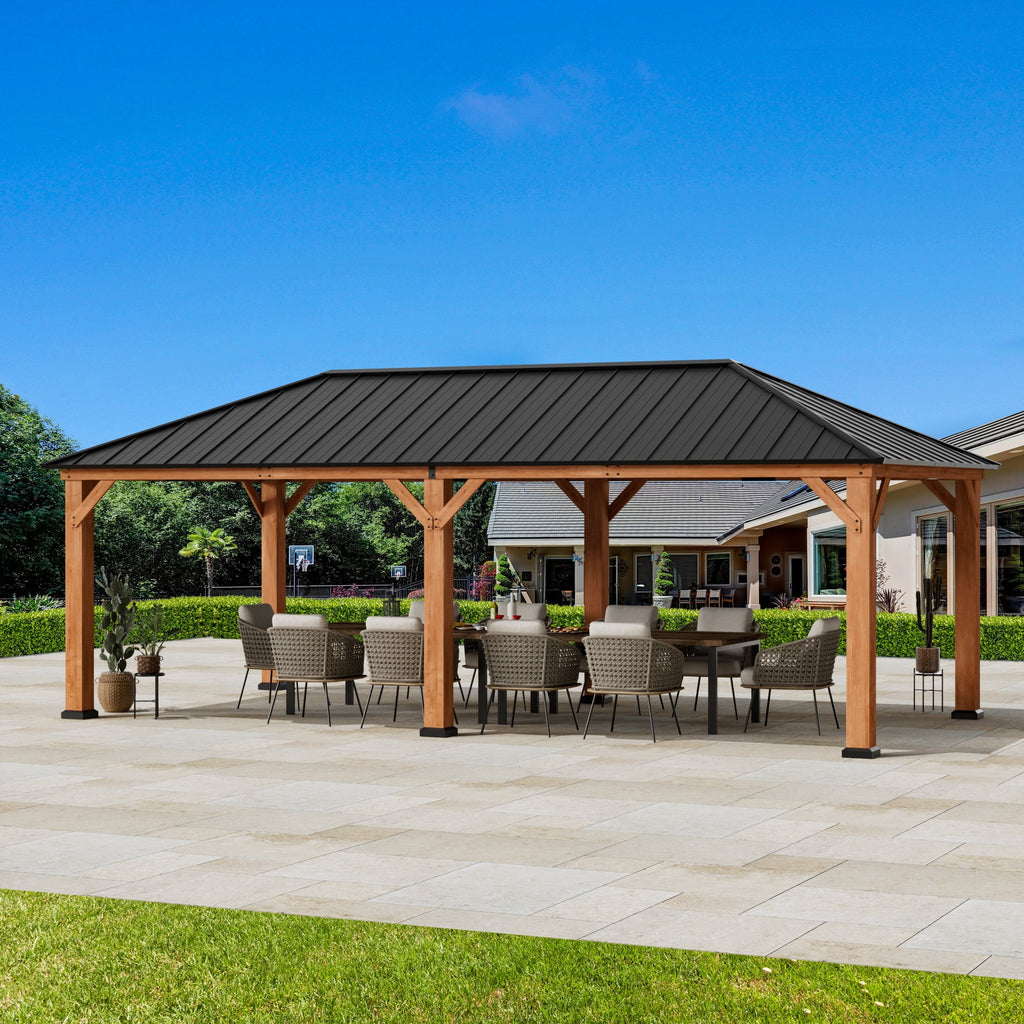 FONA Tranquil Grove Wood Gazebo 12' x 24', Permanent Grill Gazebo with Galvanized Steel Hardtop Roof, Cedar Framed Wooden Pavilion for Garden, Backyard