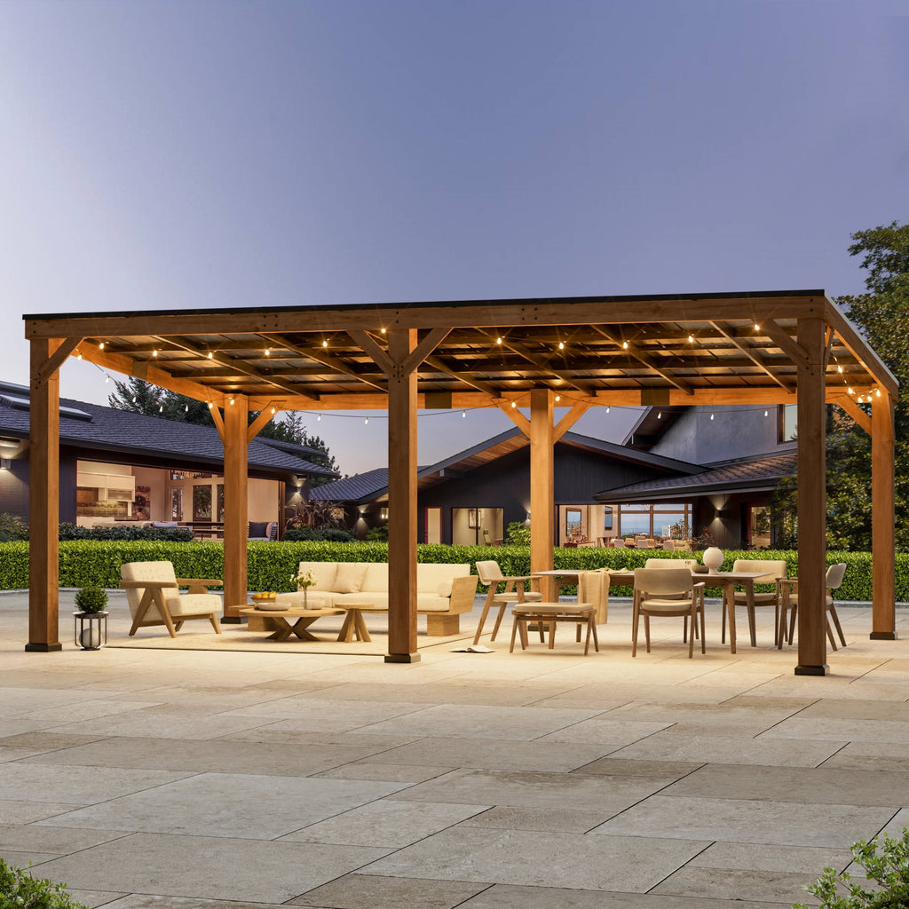 FONA12' x 20' Cedar Wood Hardtop Gazebo, Rot-Resistant Grill Shelter for Backyard or Patio