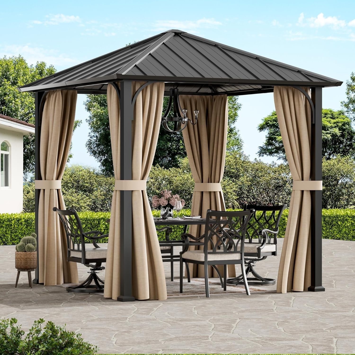 Modern Shade 8'x8' Hardtop Gazebo with Steel Roof & Curtains,All-Weather Metal Pavilion for Patio,Backyard