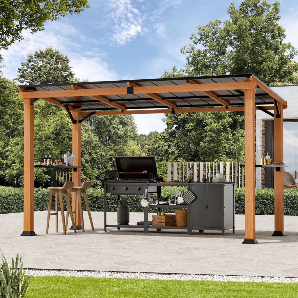 FONA Hardtop Grill Gazebo 6'x12'with Side Shelf, Outdoor Gazebo with Bottle Opener & Hooks, Grill Canopy with Sturdy Rustproof Design for Backyard, Garden, Patio,Wood-Looking