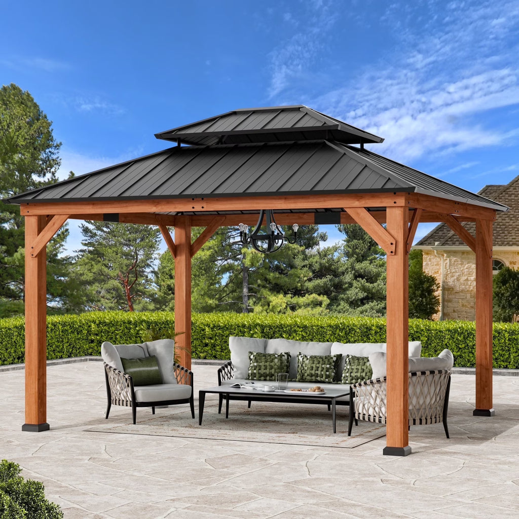 Modern Shade Rosewood 11'x13’ Hardtop Gazebo, Cedar Framed Rosewood Pavilion with Double Galvanized Steel Roof, Permanent Patio Gazebo for Outdoor Brown