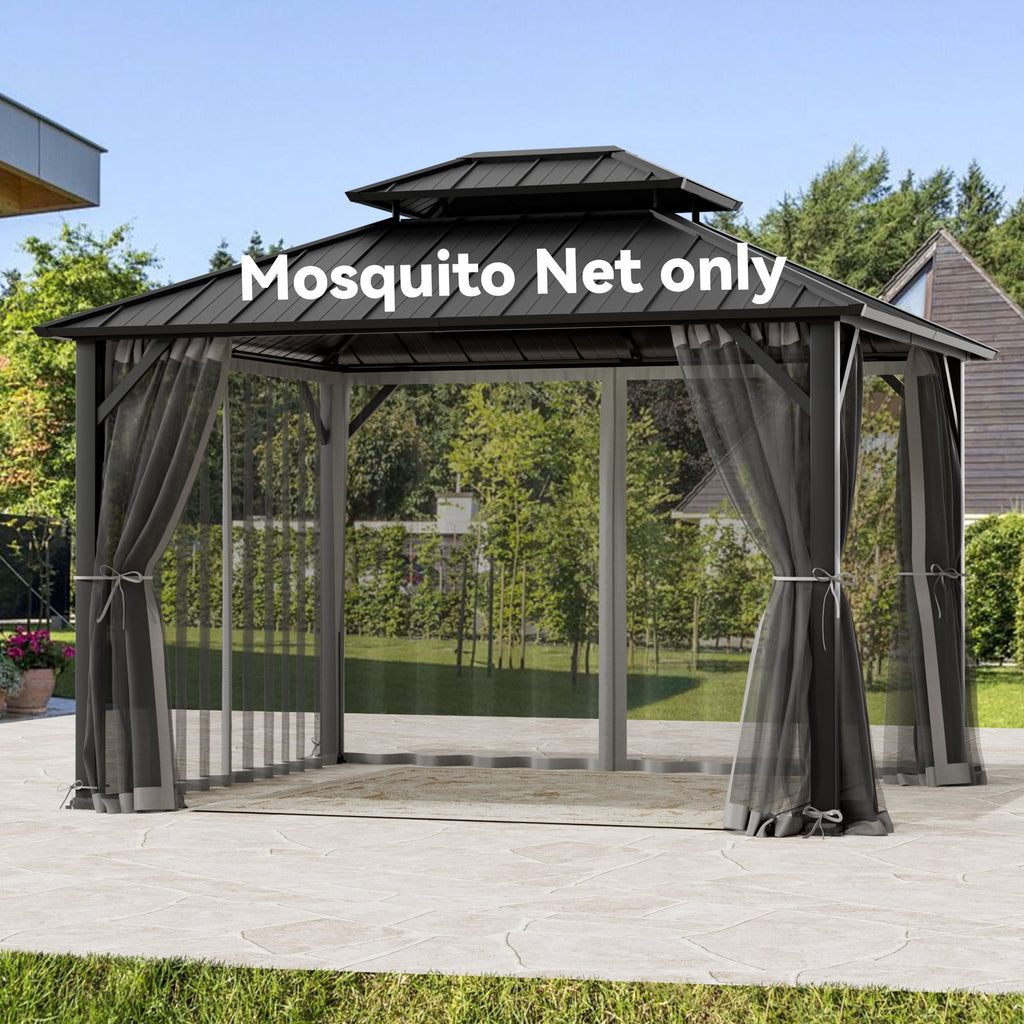 Covered Outdoor 10‘ x12’ Gazebo Replacement Mosquito Net 4 Panel Easy Install Grey
