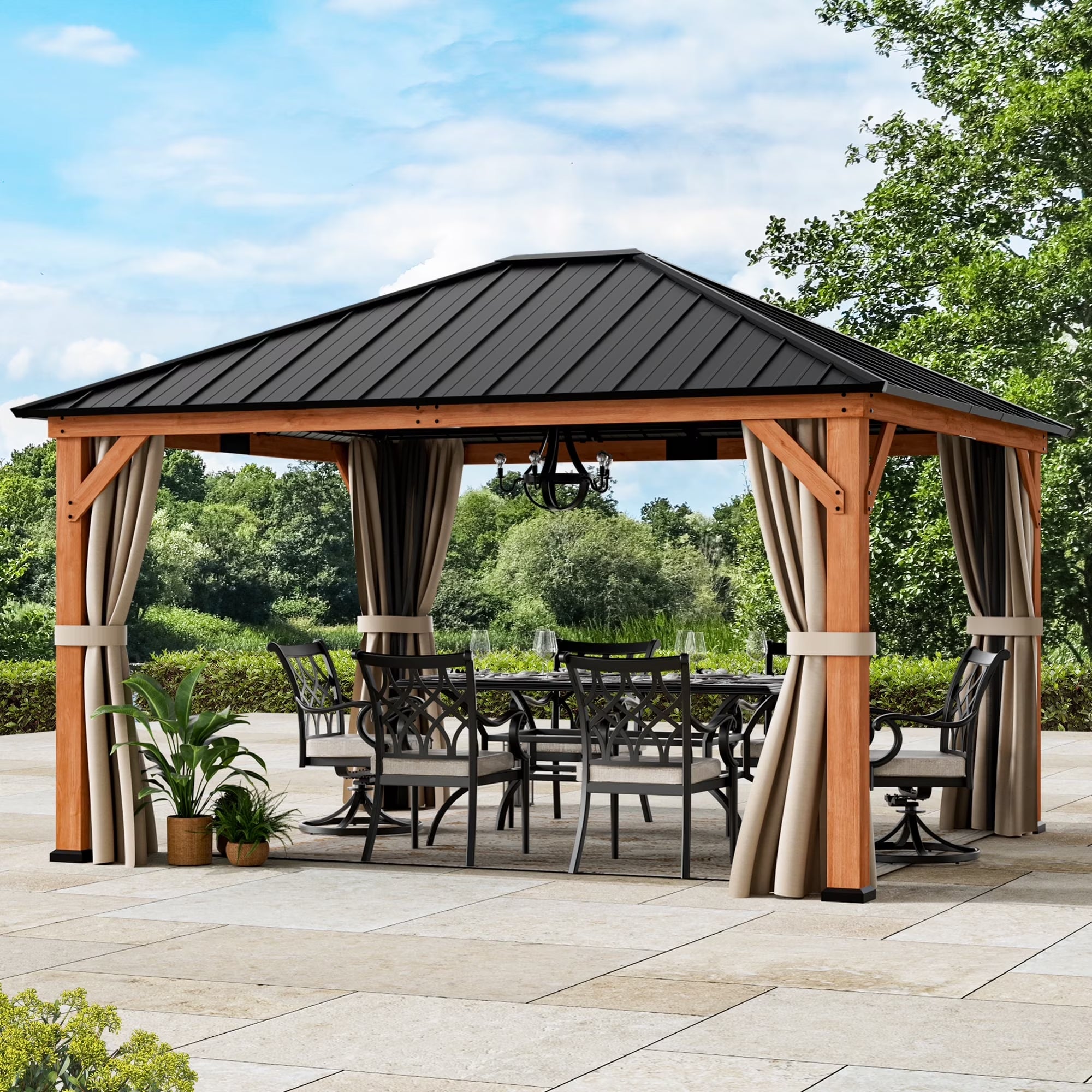 Modern Shade Tranquil Grove 12'x14' Hardtop Gazebo, Cedar Frame, Steel Roof, Netting, Curtains, Brown Outdoor