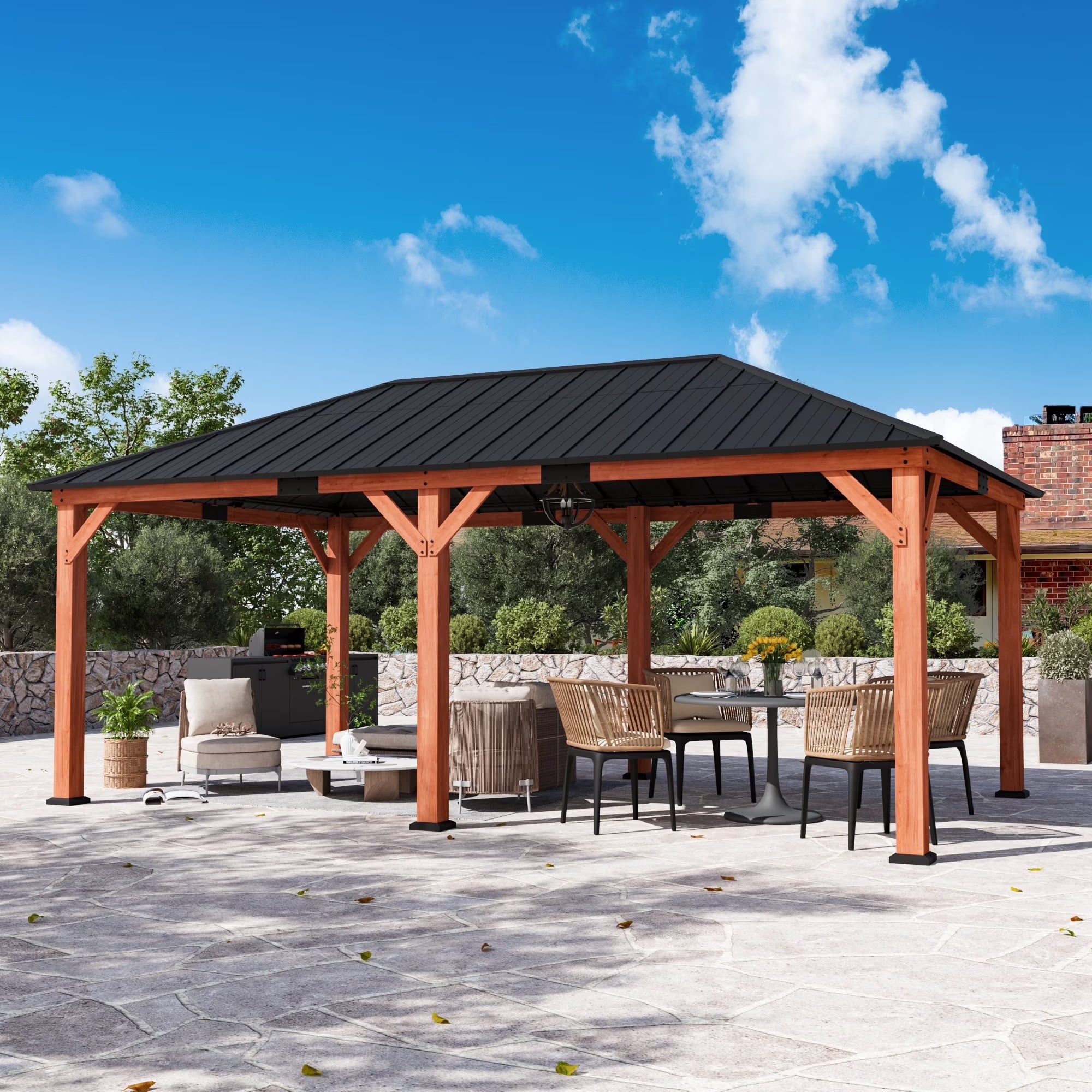 Modern Shade Tranquil Grove 12'x24’Hardtop Gazebo,Cedar Framed Pavilion with Galvanized Steel Roof,Permanent Patio Metal Gazebo for Outdoor Brown