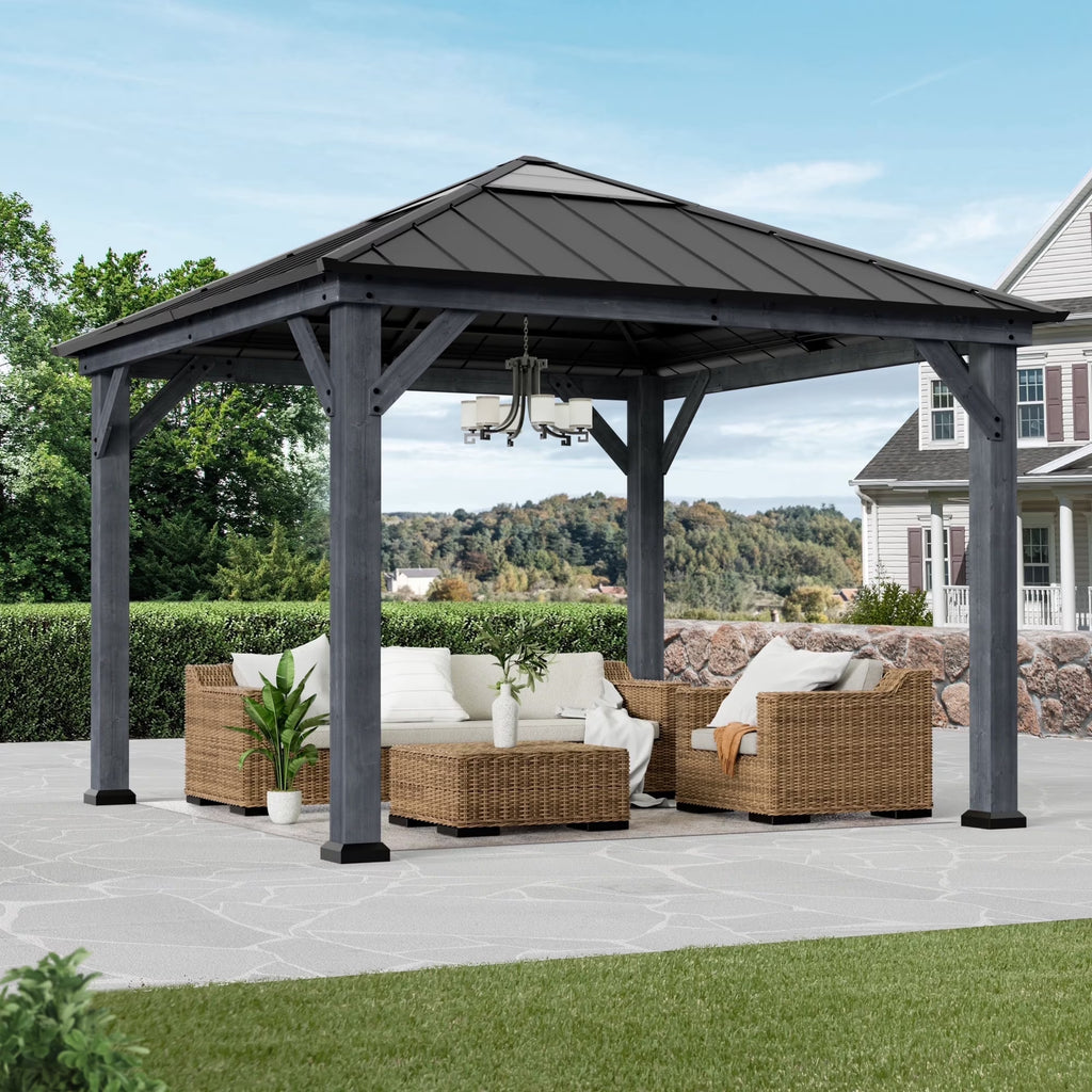 Modern Shade 11'x11' Cedar Wood Gazebo - Hardtop Galvanized Steel and Polycarbonate Roof for Garden，Backyard，Patio