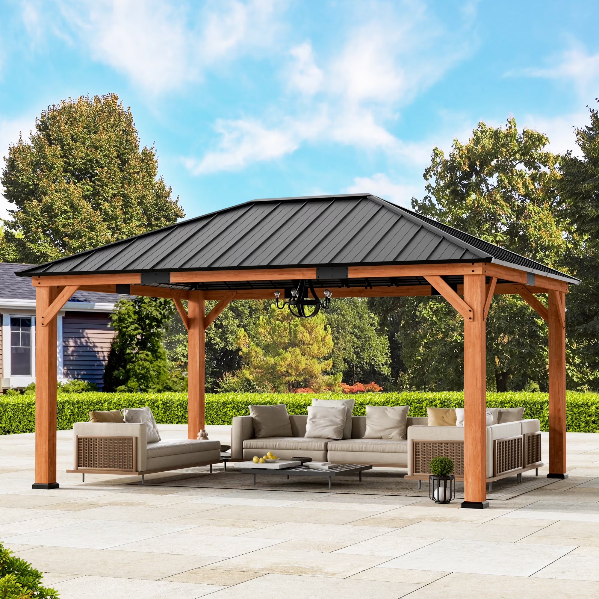 Modern Shade Tranquil Grove 12'x16’Hardtop Gazebo,Cedar Framed Pavilion with Galvanized Steel Roof,Permanent Patio Metal Gazebo for Outdoor Brown