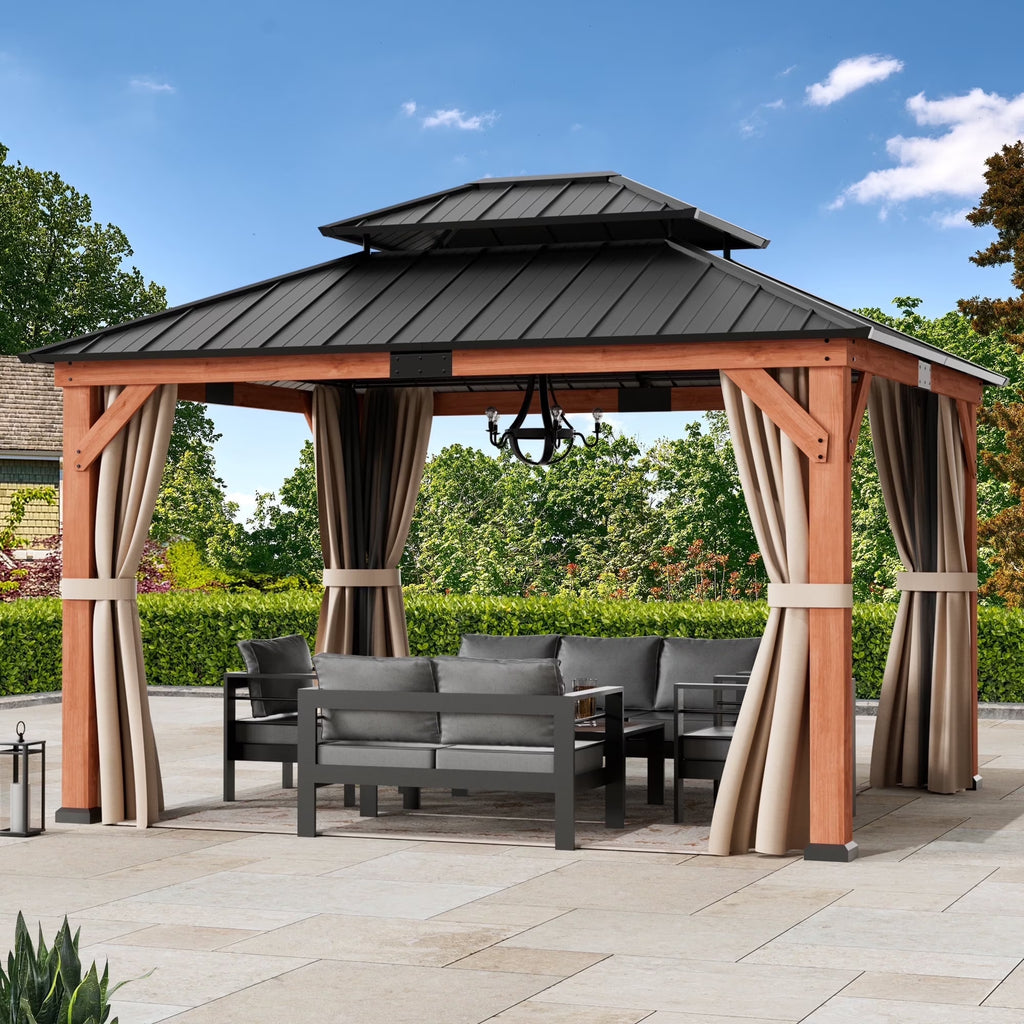 Modern Shade 13'x15' Rosewood Wood Gazebo Cedar Wood Framed Double Steel Roof for Garden Backyard