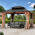 Modern Shade 13'x15' Rosewood Wood Gazebo Cedar Wood Framed Double Steel Roof for Garden Backyard
