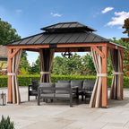 Modern Shade 13'x15' Rosewood Wood Gazebo Cedar Wood Framed Double Steel Roof for Garden Backyard