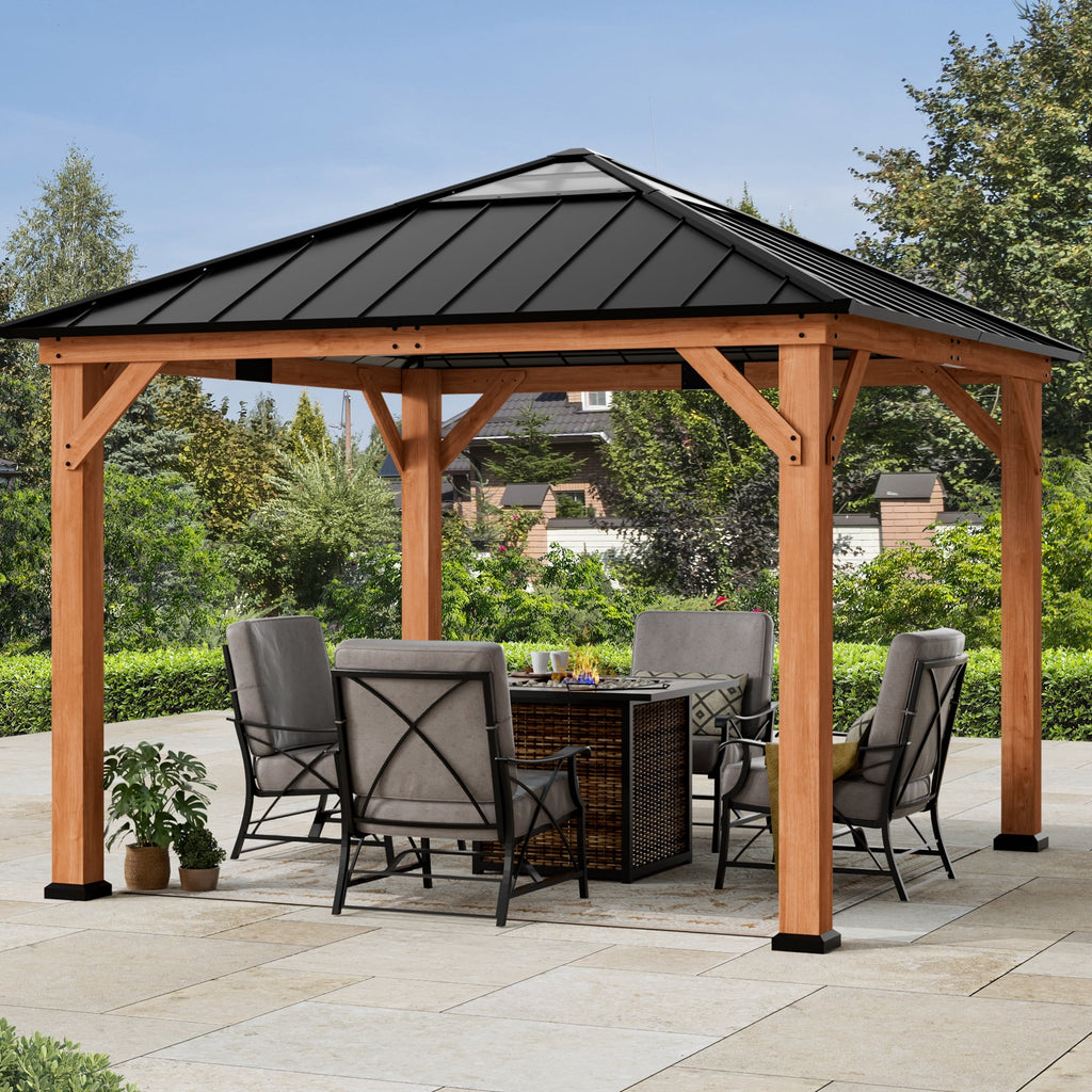Modern Shade Tranquil Grove 11'x11’Hardtop Gazebo,Cedar Framed Pavilion with Galvanized Steel Roof,Permanent Patio Metal Gazebo for Outdoor Brown