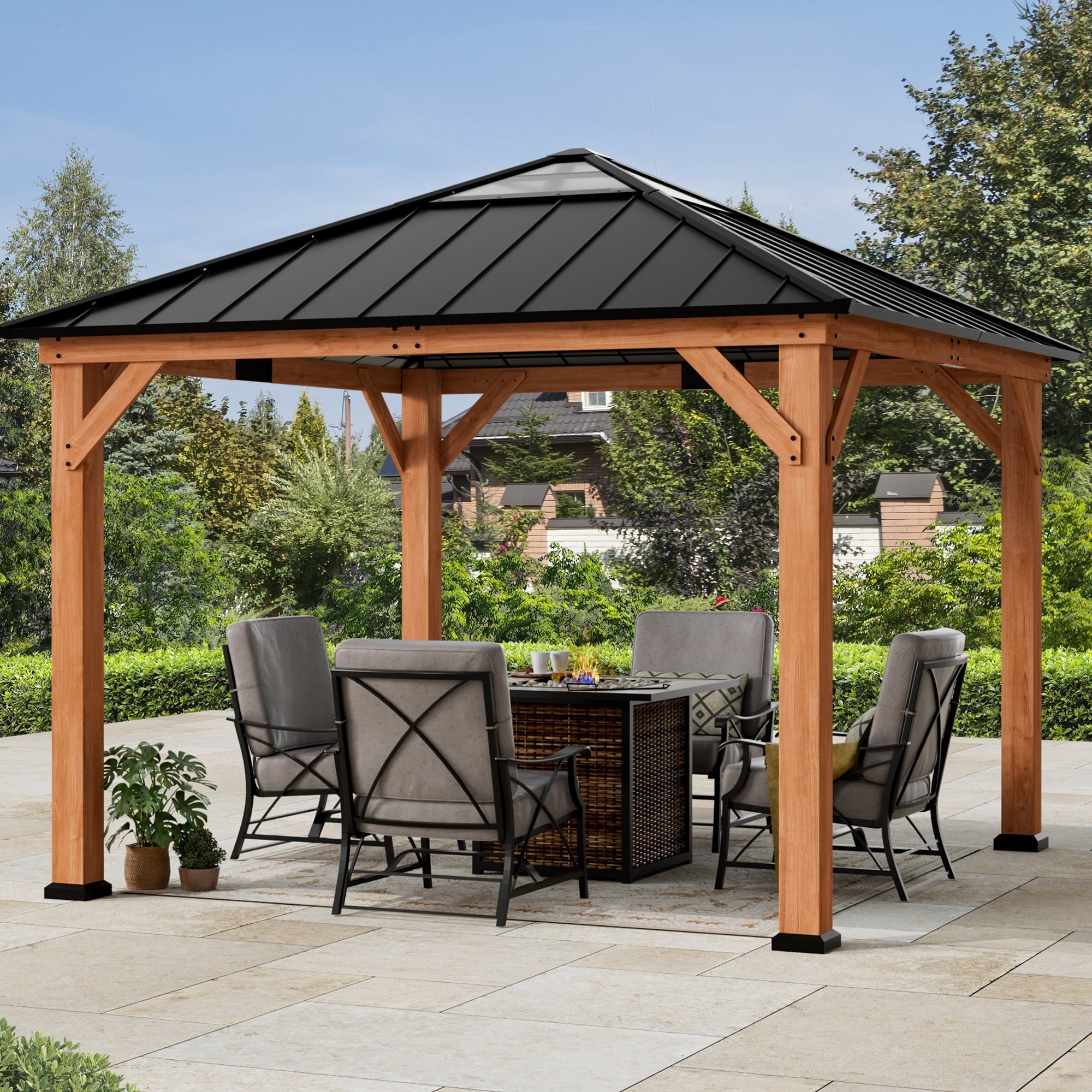 Modern Shade Tranquil Grove 11'x11’Hardtop Gazebo,Cedar Framed Pavilion with Galvanized Steel Roof,Permanent Patio Metal Gazebo for Outdoor Brown