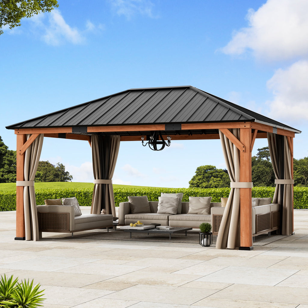 Modern Shade Tranquil Grove 12'x16' Hardtop Gazebo, Cedar Frame, Steel Roof, Netting, Curtains, Brown Outdoor