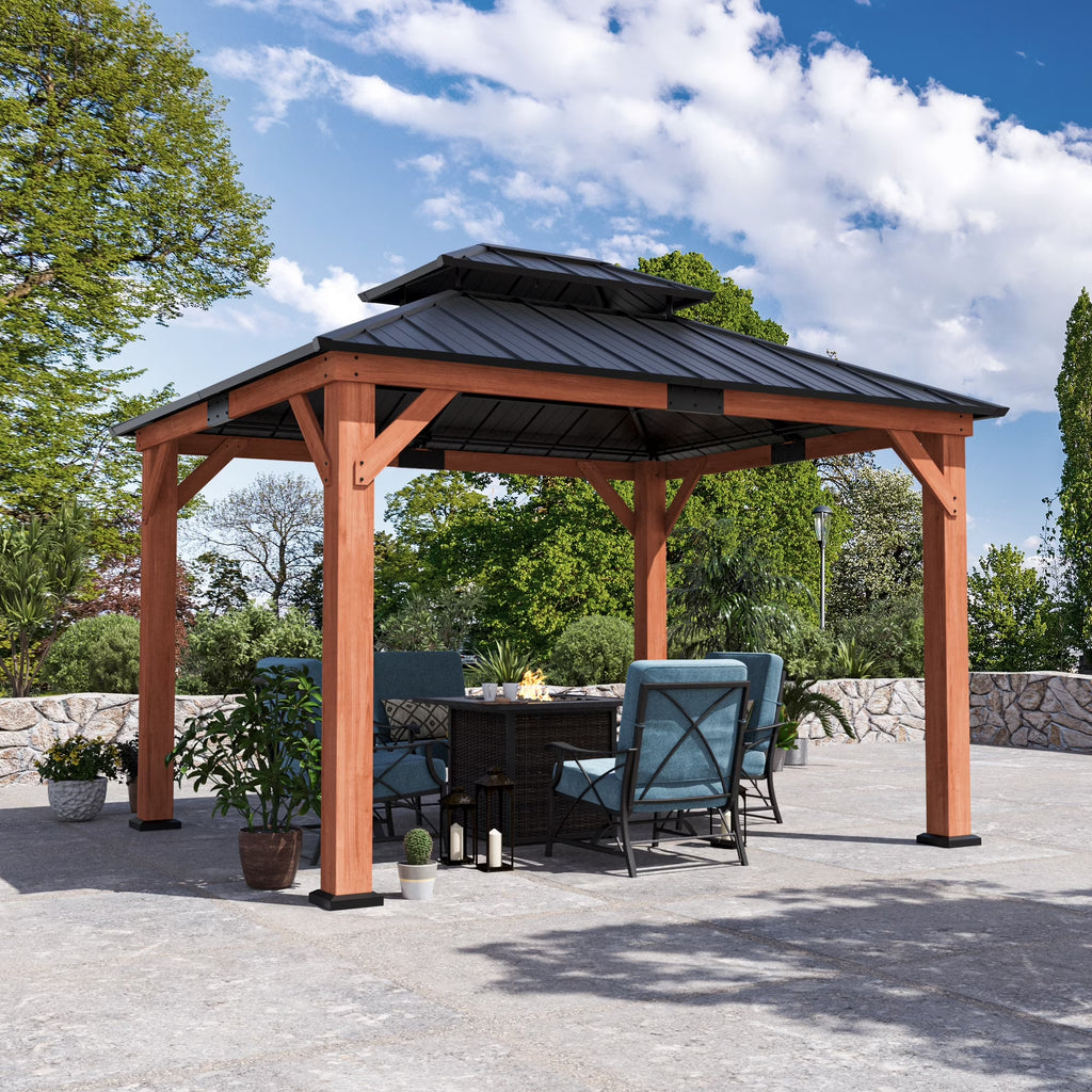 Modern Shade 10'x12' Cedar Wood Hardtop Gazebo with Double Steel Roof and Mosquito Net Rods