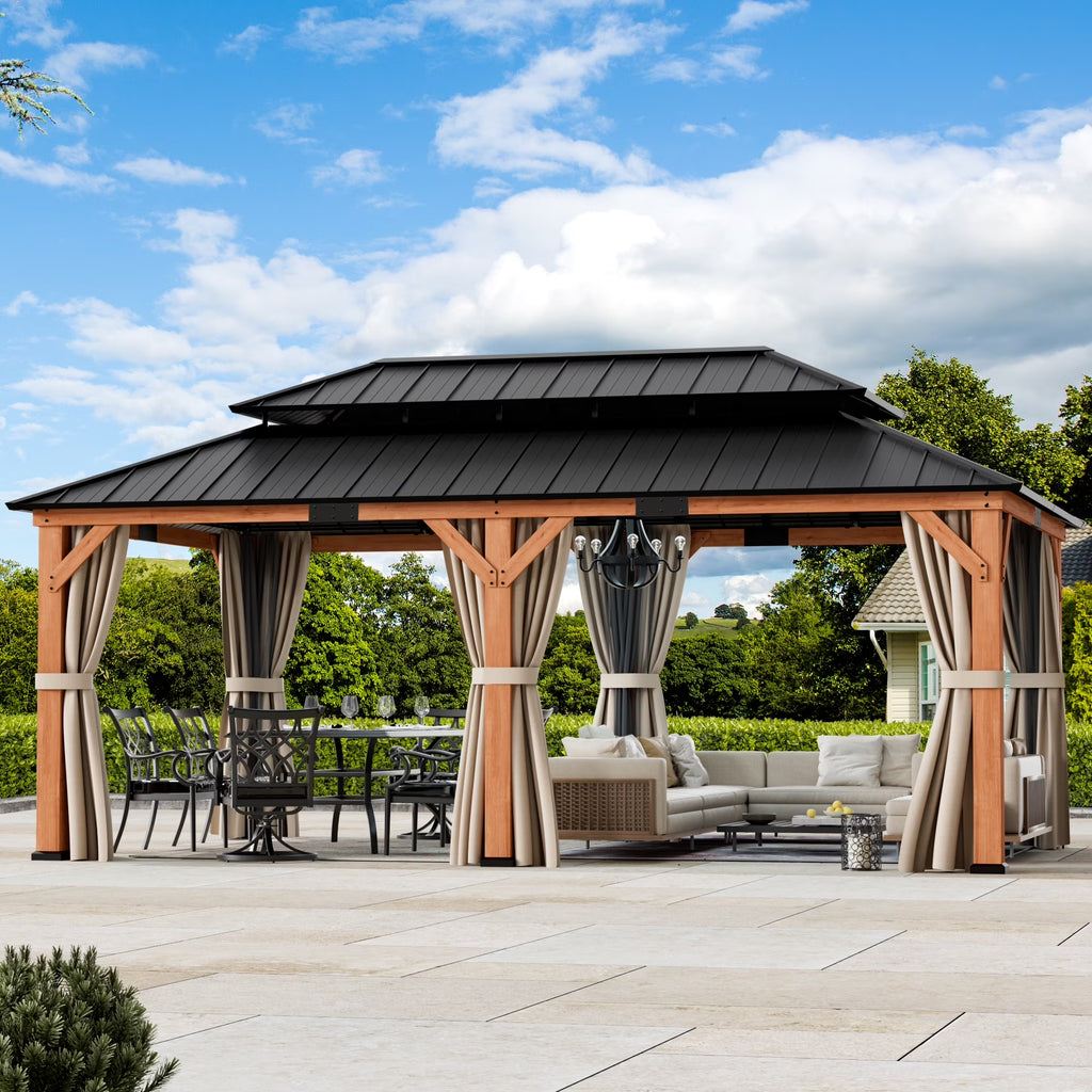 Modern Shade 10'x12' Rosewood Wood Gazebo Cedar Framed Double Steel Roof for Garden Backyard