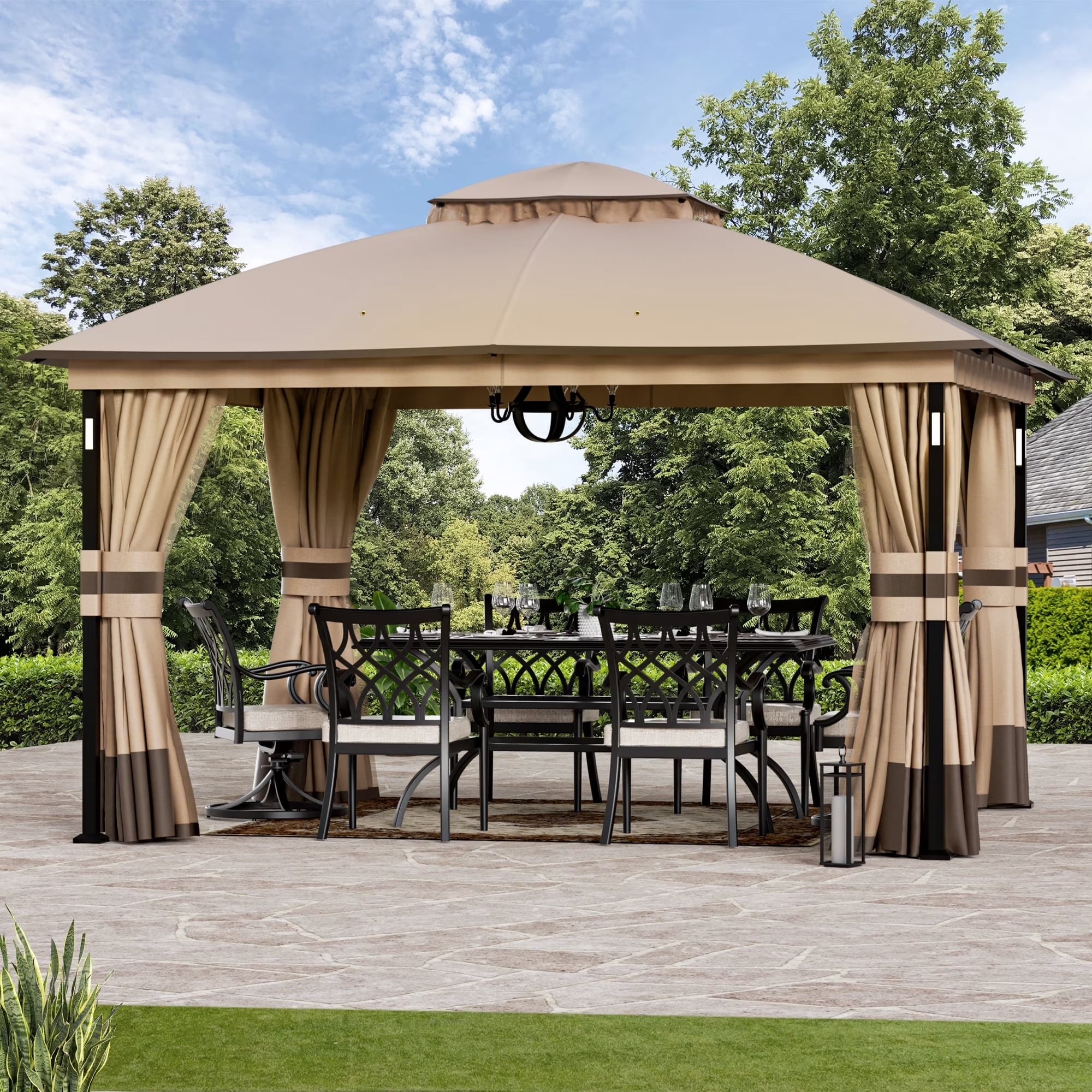 Covered Outdoor 11'x13' Patio Gazebo Canopy Tent,Pop up Gazebo with LED Lighting,Soft-Top Dual Roof Design