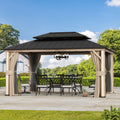 Modern Shade 12'x16' Hardtop Gazebo Wood-Look Aluminum 4 LED Lights USB Ports for Outdoor Patio Deck