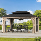 Modern Shade 12'x16' Hardtop Gazebo Wood-Look Aluminum 4 LED Lights USB Ports for Outdoor Patio Deck