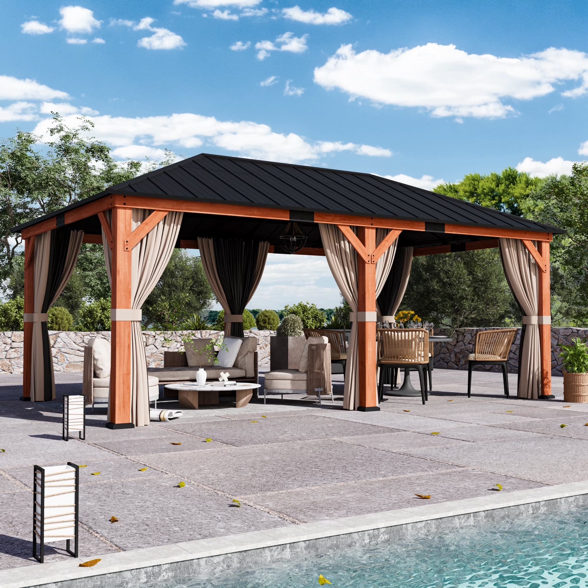 Modern Shade Tranquil Grove 12'x20’Hardtop Gazebo,Cedar Framed Pavilion with Galvanized Steel Roof,Permanent Patio Metal Gazebo for Outdoor Brown
