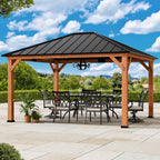 Modern Shade Tranquil Grove 12'x14’Hardtop Gazebo,Cedar Framed Pavilion with Galvanized Steel Roof,Permanent Patio Metal Gazebo for Outdoor Brown