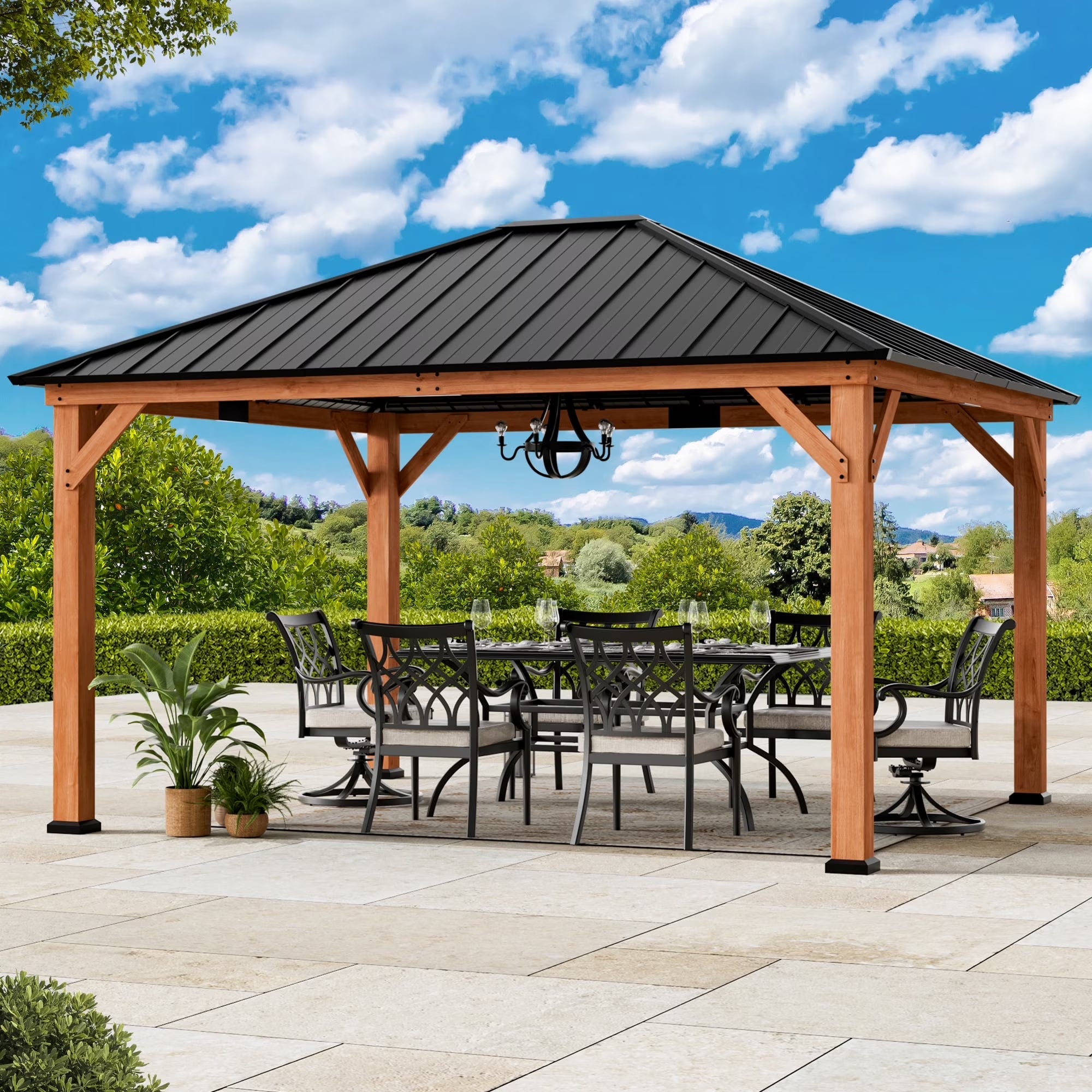 Modern Shade Tranquil Grove 12'x14’Hardtop Gazebo,Cedar Framed Pavilion with Galvanized Steel Roof,Permanent Patio Metal Gazebo for Outdoor Brown