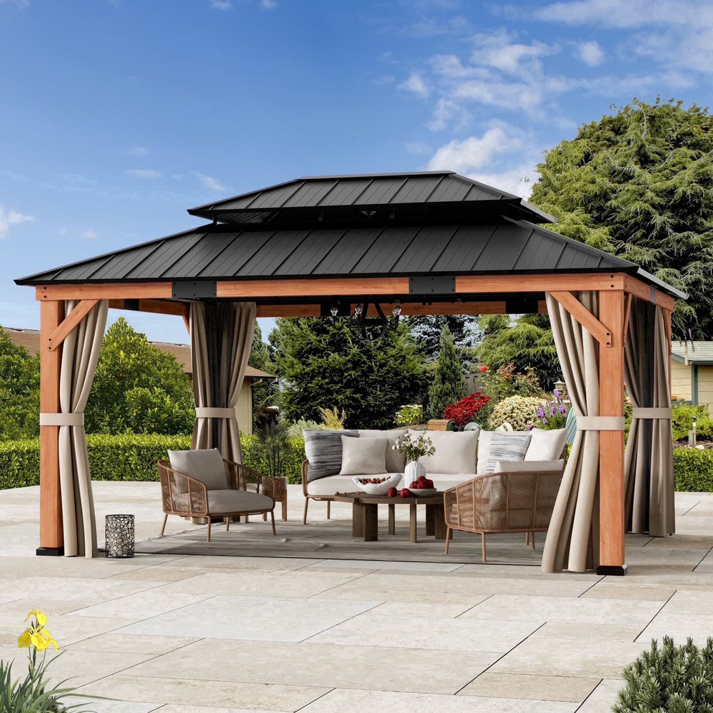 Modern Shade 12' x16' Cedar Wood Framed Gazebo Wind Resistant Hardtop with Lighting Hook for Outdoor