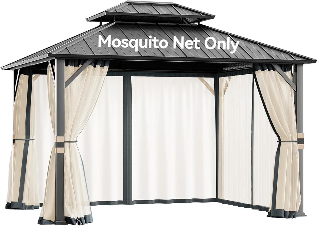 Covered Outdoor Universal 10'x12' Gazebo Mosquito Netting - 4-Panel Double-Zipper Screen Walls, Slate Gray & Beige