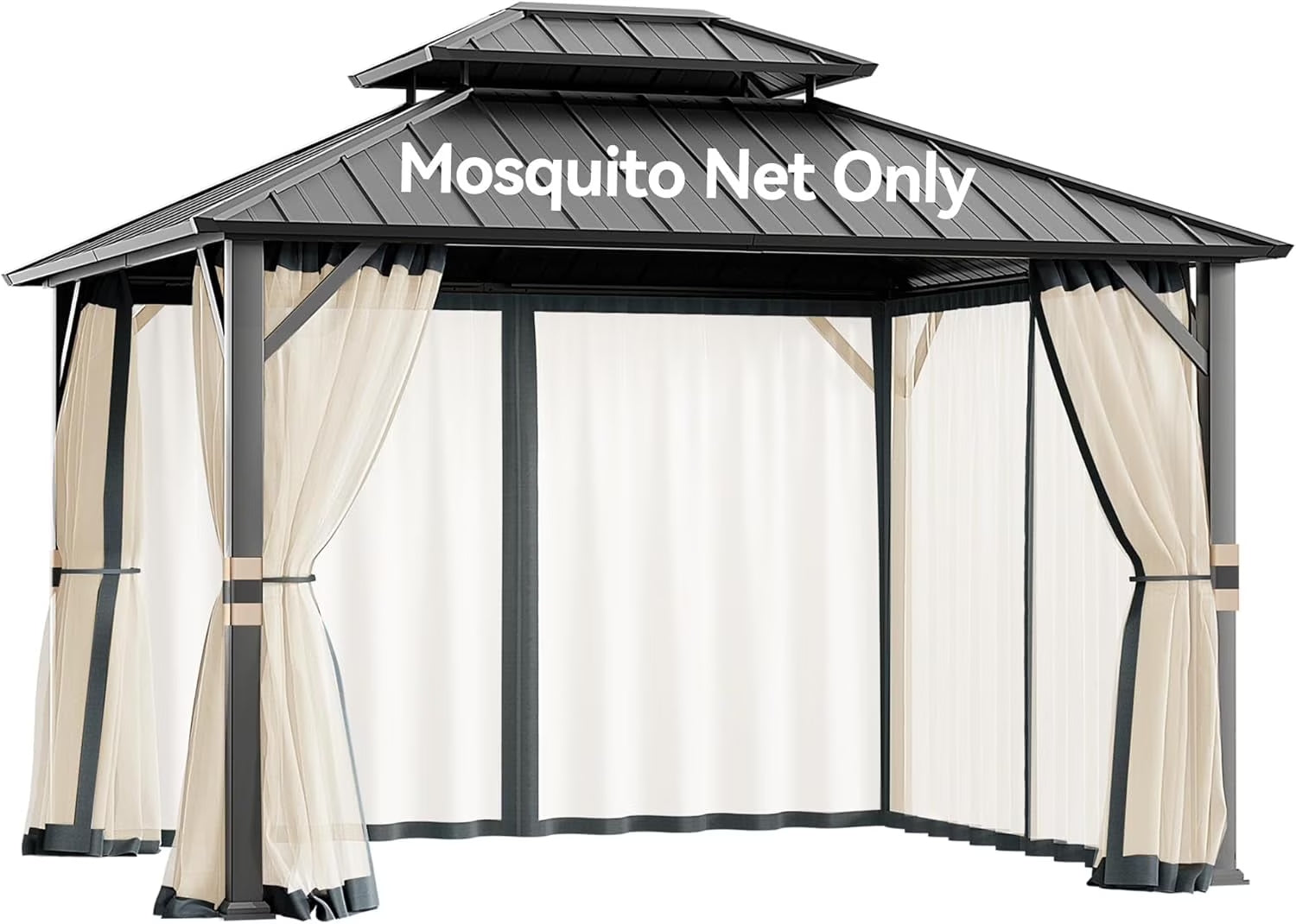 Covered Outdoor Universal 10'x12' Gazebo Mosquito Netting - 4-Panel Double-Zipper Screen Walls, Slate Gray & Beige