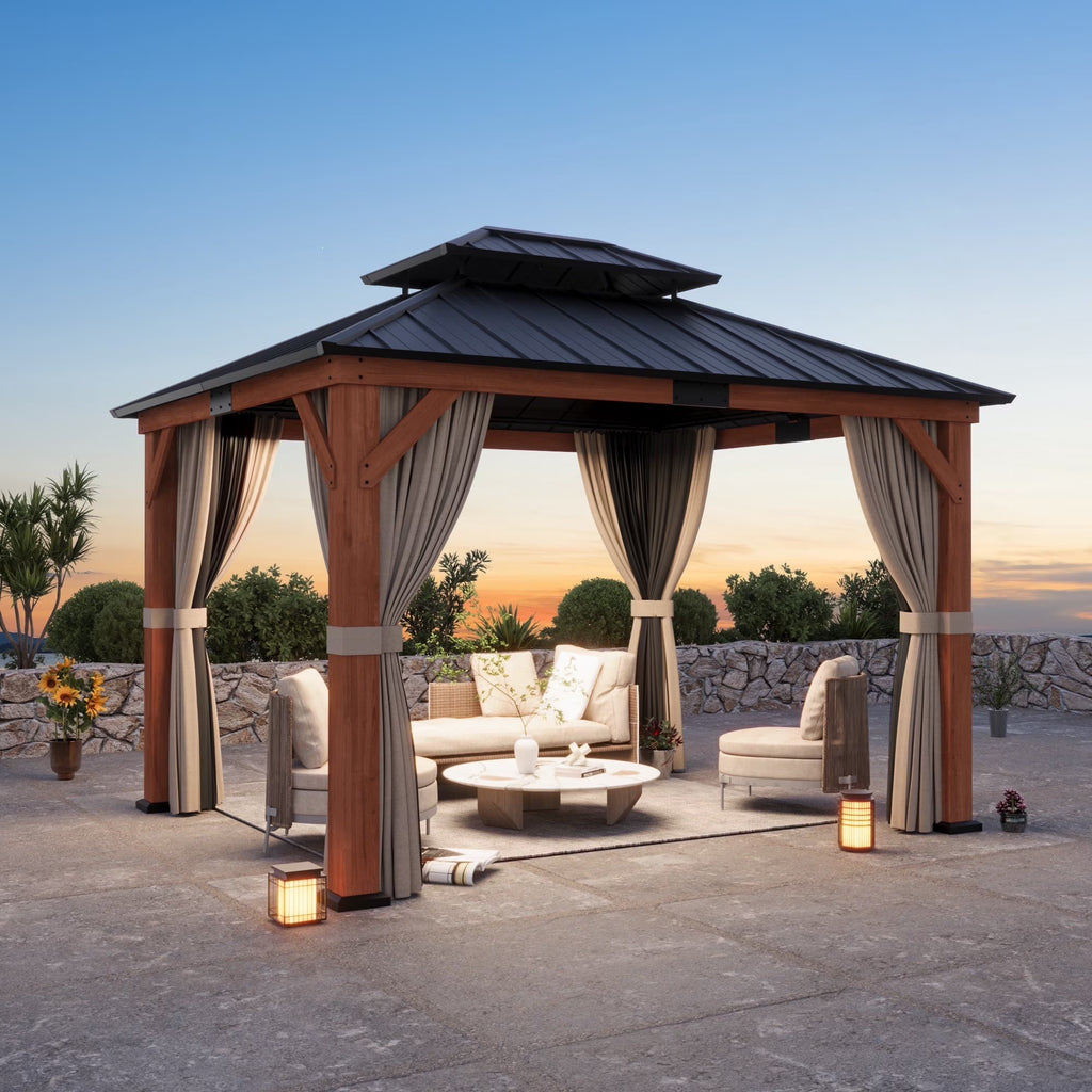 Modern Shade 10'x12' Rosewood Wood Gazebo Cedar Framed Double Steel Roof for Garden Backyard