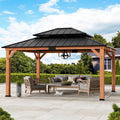Modern Shade 13' x15' Gazebo Cedar Frame Double Galvanized Steel Roof with Curtain Netting for Garden Backyard Brown