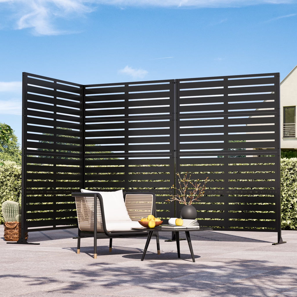 Modern Shade 72"H x 48"W Metal Privacy Screen 3-Panel Universal Ground Kit Modular Design for Patio Garden Black