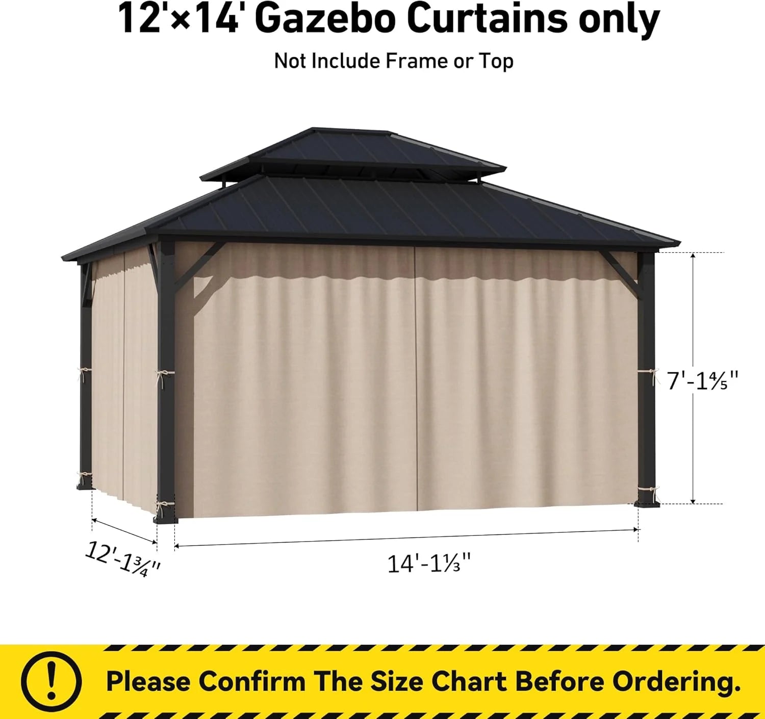 Covered Outdoor 12' x14' Universal Gazebo Curtain Replacement, 4 Panel Waterproof Privacy Sidewalls for Outdoor- Khaki Curtain Only