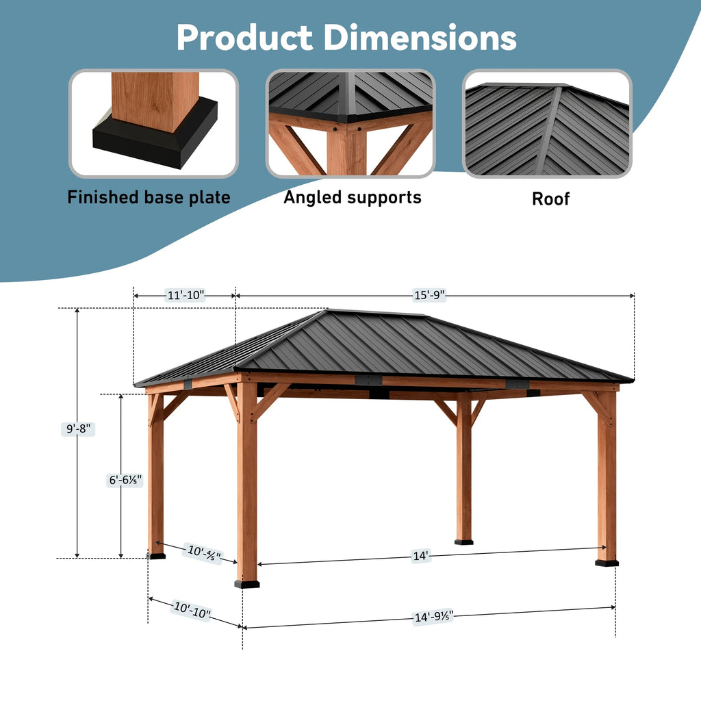 Modern Shade Tranquil Grove 12'x16’Hardtop Gazebo,Cedar Framed Pavilion with Galvanized Steel Roof,Permanent Patio Metal Gazebo for Outdoor Brown