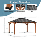 Modern Shade Tranquil Grove 12'x16’Hardtop Gazebo,Cedar Framed Pavilion with Galvanized Steel Roof,Permanent Patio Metal Gazebo for Outdoor Brown
