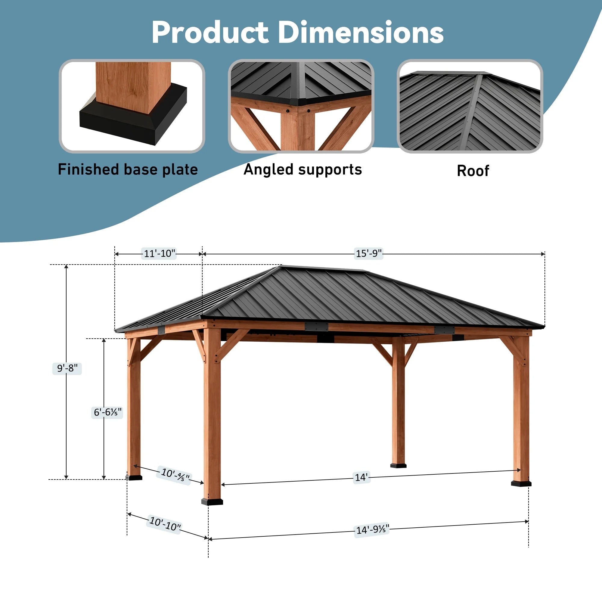 Modern Shade Tranquil Grove 12'x16’Hardtop Gazebo,Cedar Framed Pavilion with Galvanized Steel Roof,Permanent Patio Metal Gazebo for Outdoor Brown