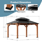 Modern Shade 10'x12' Cedar Wood Hardtop Gazebo with Double Steel Roof and Mosquito Net Rods