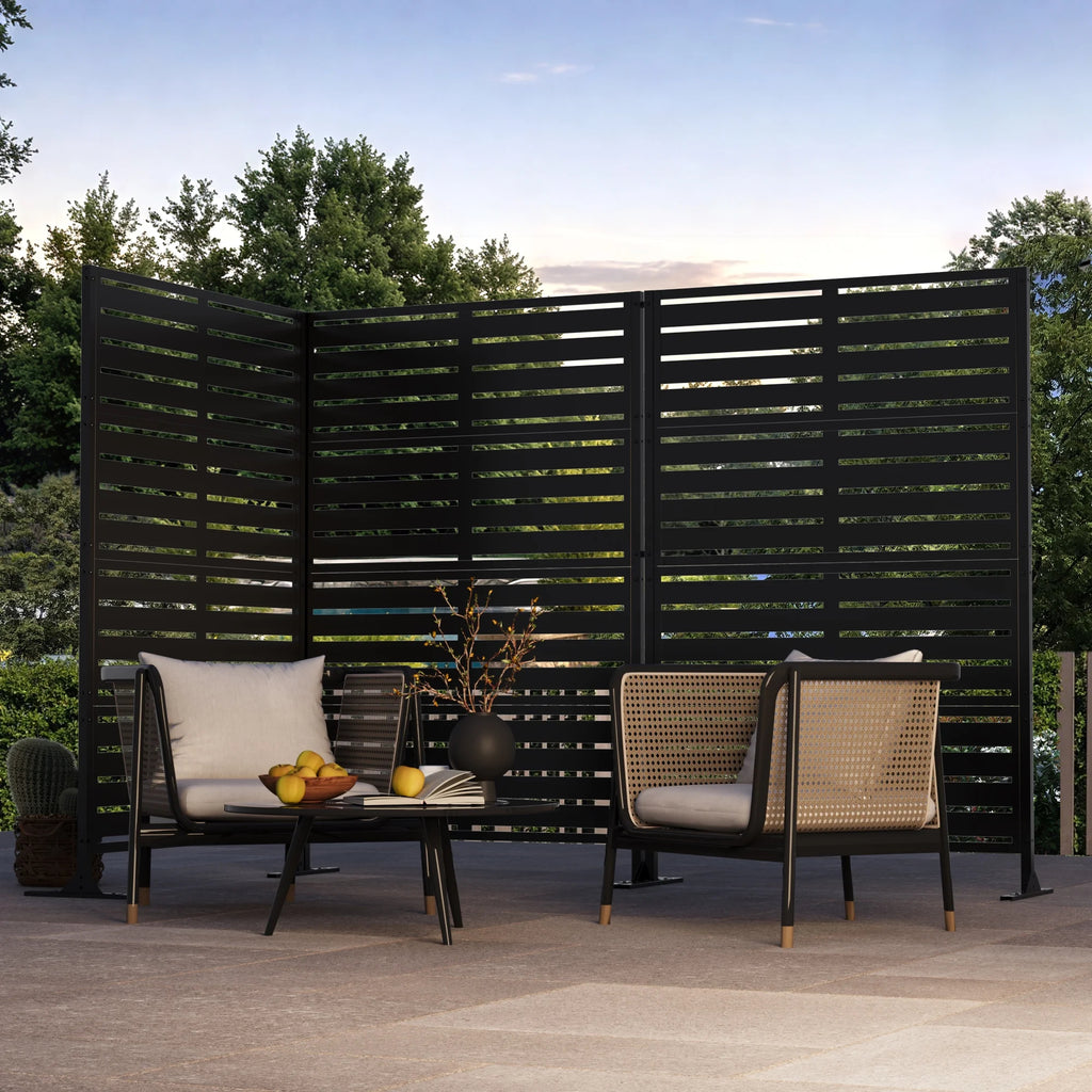 Modern Shade 72"H x 48"W Metal Privacy Screen 3-Panel Universal Ground Kit Modular Design for Patio Garden Black