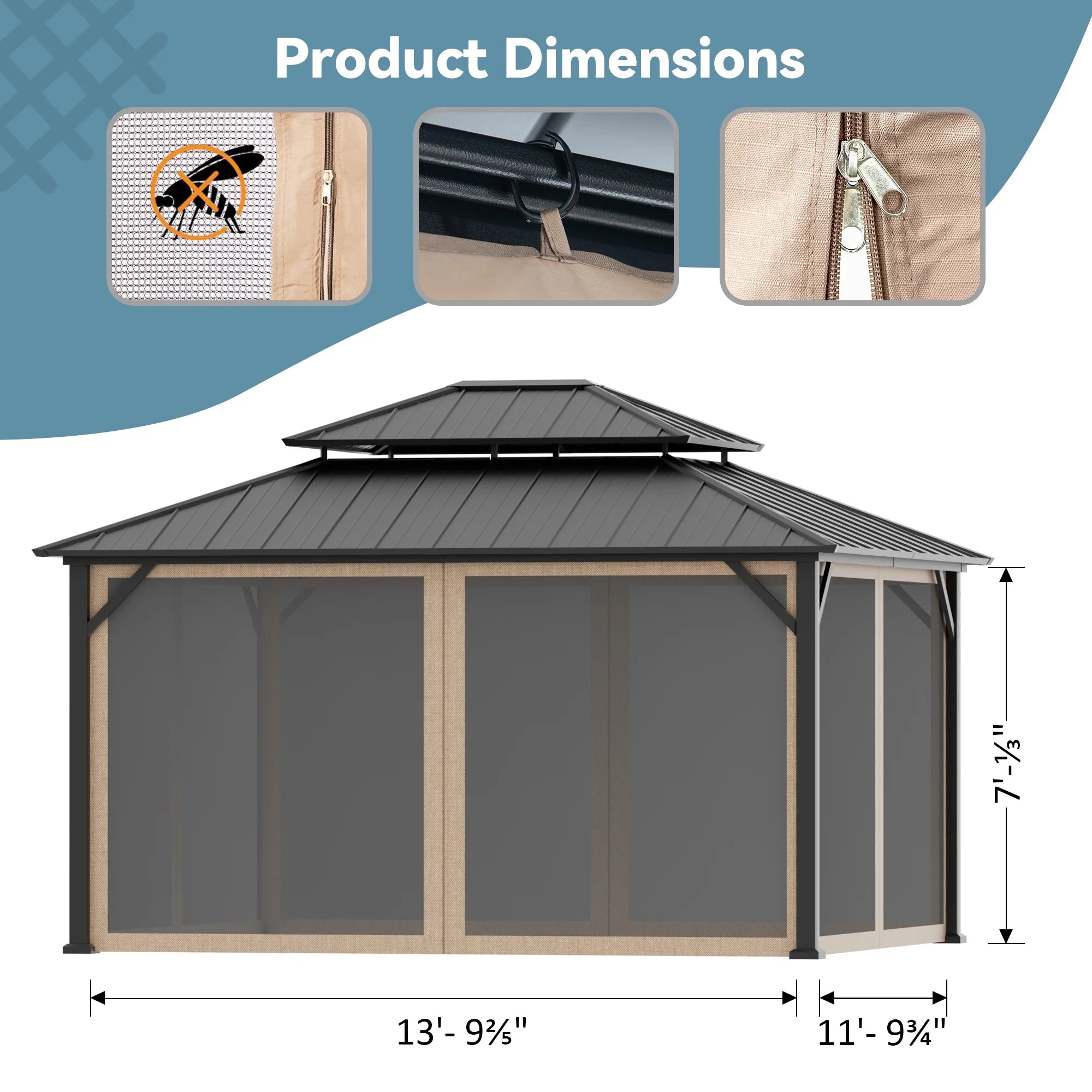 Covered Outdoor Gazebo Mosquito Netting Replacement - 12'x14' 4-Panel Double-Head Zipper Net Only