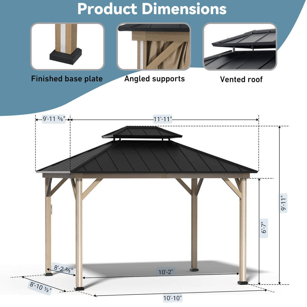 Modern Shade 10' x 12' Hardtop Gazebo with 4 LED Lights, Outdoor Gazebo with Double Galvanized Steel Roof，USB Charging Port Bronw