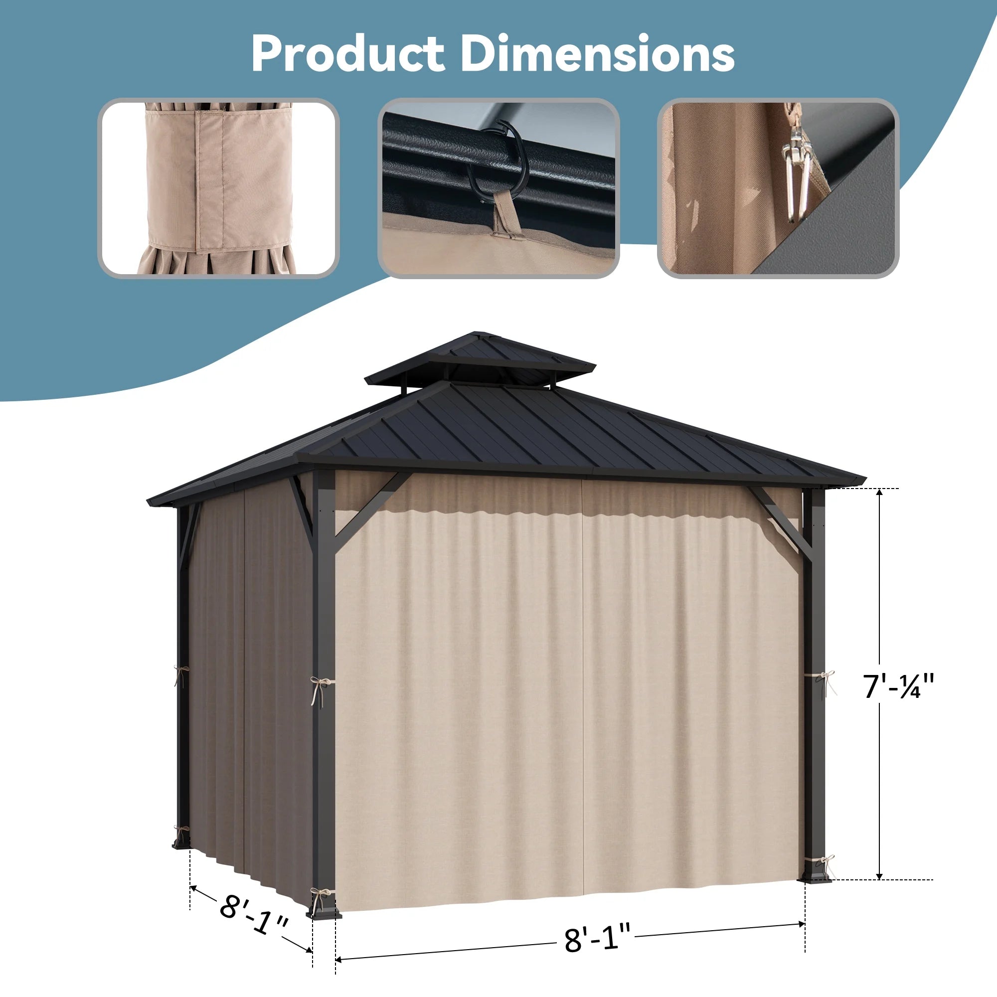 Covered Outdoor Universal 8' x8' Gazebo Curtain Replacement 4 Panel Sidewalls with Zipper, Replacement for Outdoor Curtain Only