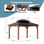 Modern Shade Rosewood 11'x13’ Hardtop Gazebo, Cedar Framed Rosewood Pavilion with Double Galvanized Steel Roof, Permanent Patio Gazebo for Outdoor Brown