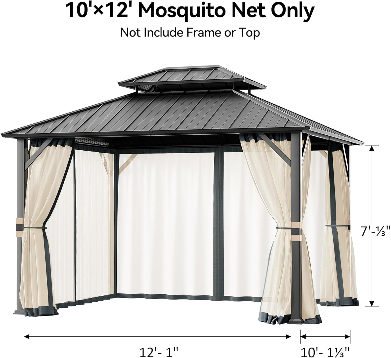 Covered Outdoor Universal 10'x12' Gazebo Mosquito Netting - 4-Panel Double-Zipper Screen Walls, Slate Gray & Beige