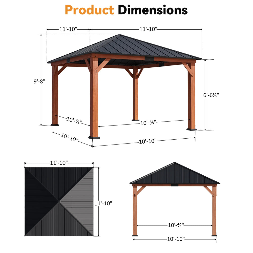 Modern Shade Tranquil Grove 12' x 12' Wood Gazebo - Polycarbonate Hip Roof Hardtop Pavilion with Hooks