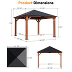 Modern Shade Tranquil Grove 12' x 12' Wood Gazebo - Polycarbonate Hip Roof Hardtop Pavilion with Hooks