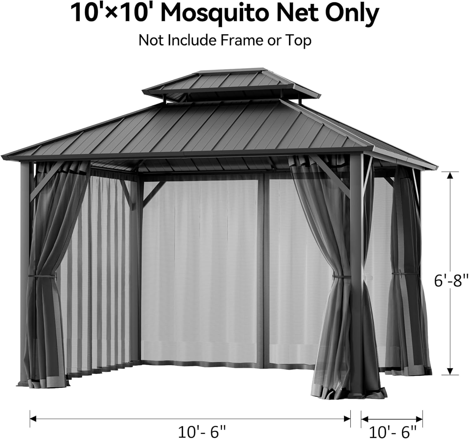 Covered Outdoor Universal 10'x10' Gazebo Mosquito Netting - 4-Panel Double-Zipper Screen Walls, Dark Gray & Black